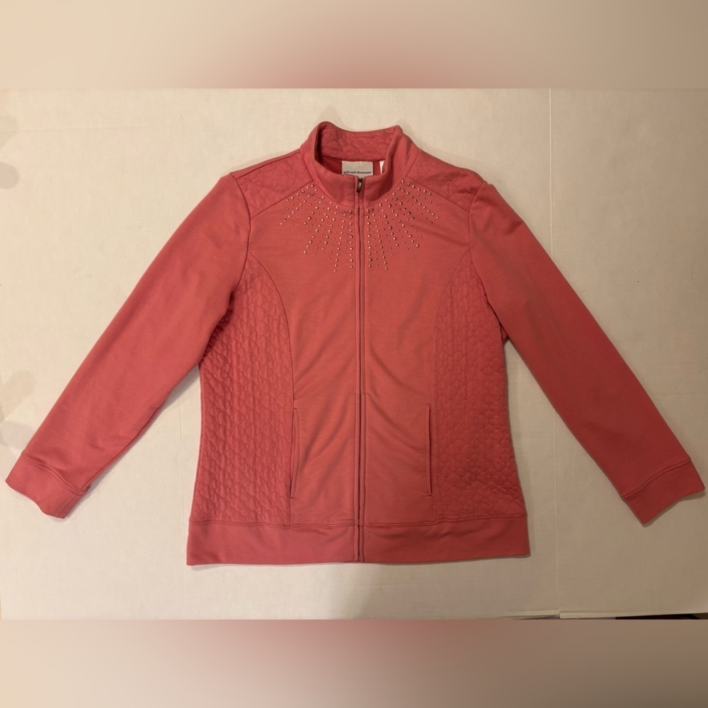 Alfred Dunner cotton blend pink quilted zipper cardigan jacket size 8